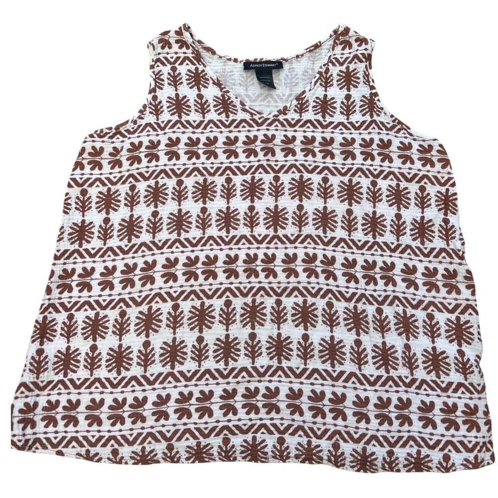 Ashley Stewart Cotton Gauze Tribal Print Tank Top Brown White V-Neck 14/16